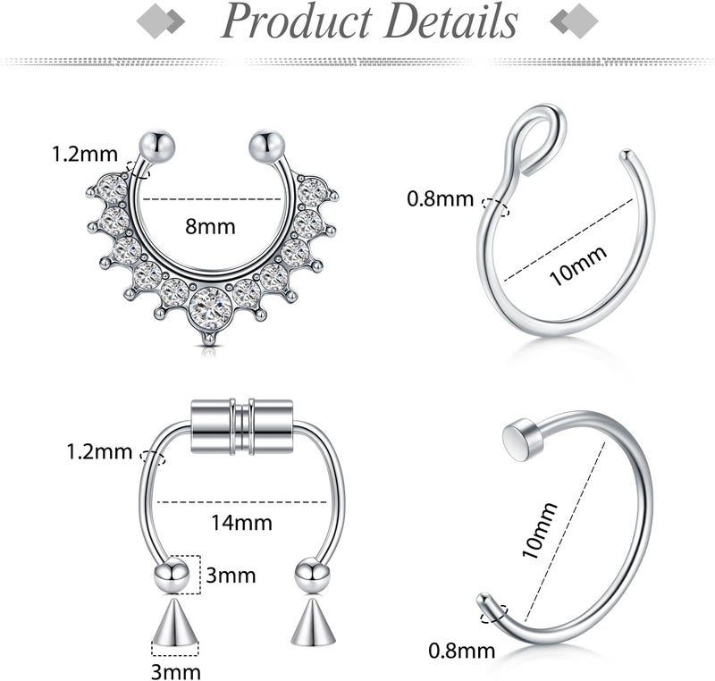 JFORYOU Fake Eyebrow Ring Fake Lip Labret Studs Replacement Balls Spike with 100pcs Sticker Non-Piercing Body Jewelry Fake Skin Piercing - Image 3